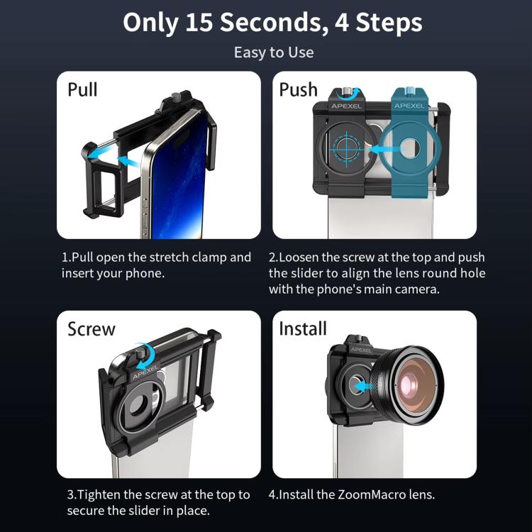 APEXEL APL-ZM100 10X-20X Fixed Focus Macro Cell Phone Lens For HD Close-up Photography - Black