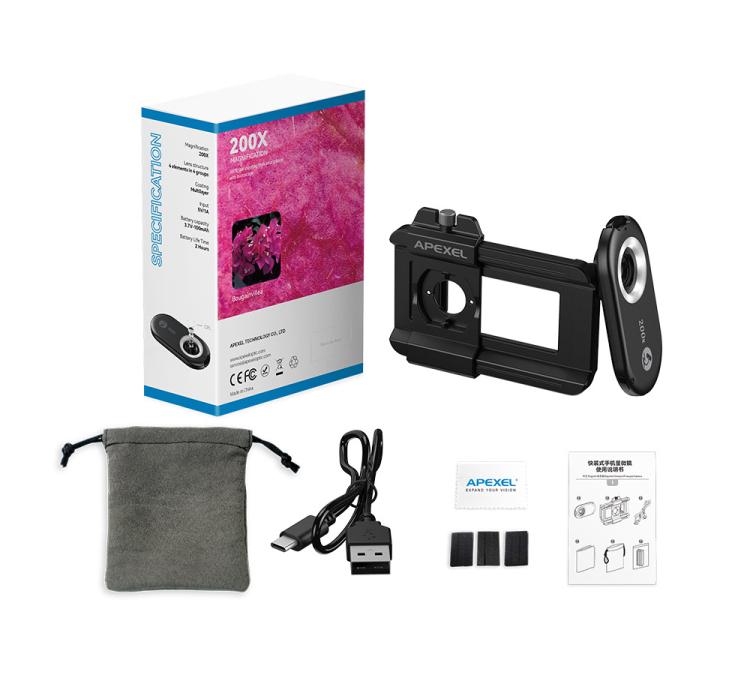 APEXEL APL-MS200 200x Portable Microscope Cell Phone Lens With LED/ UV Lights Built-in CPL Filter