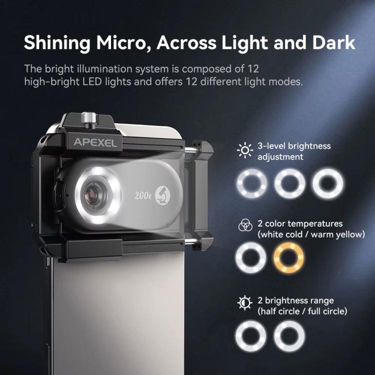 APEXEL APL-MS200 200x Portable Microscope Cell Phone Lens With LED/ UV Lights Built-in CPL Filter