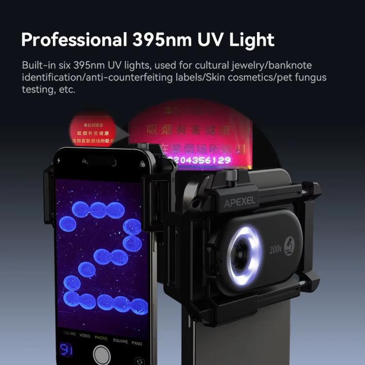 APEXEL APL-MS200 200x Portable Microscope Cell Phone Lens With LED/ UV Lights Built-in CPL Filter