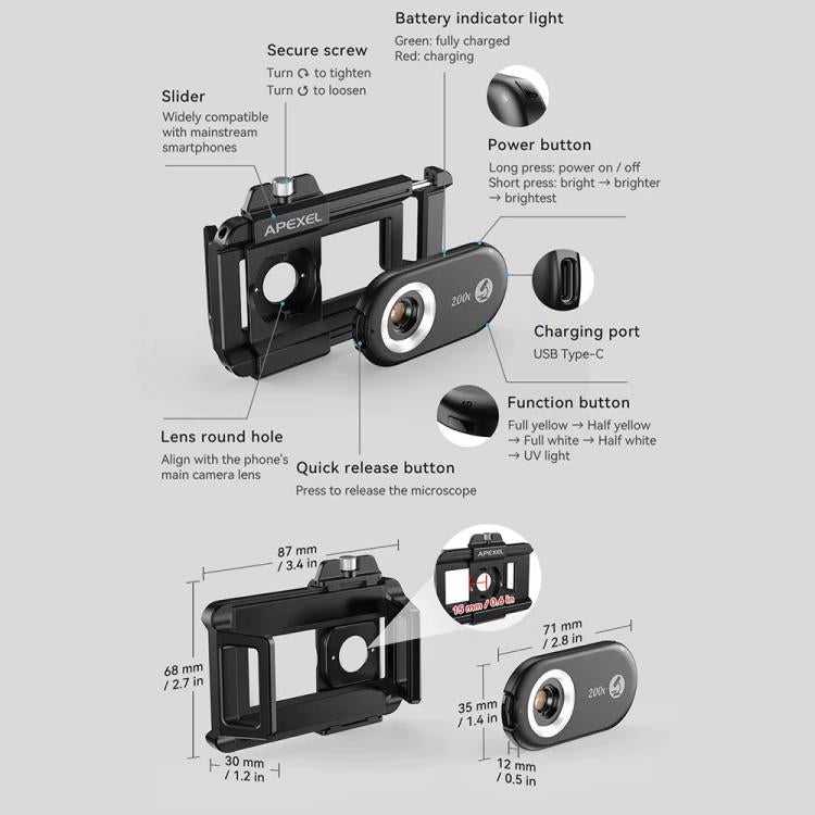 APEXEL APL-MS200 200x Portable Microscope Cell Phone Lens With LED/ UV Lights Built-in CPL Filter