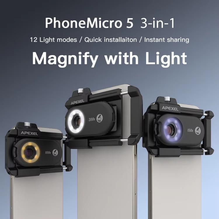 APEXEL APL-MS3IN1 100/150/200X Portable Microscope Cell Phone Lens With LED/ UV Lights Built-in CPL Filter