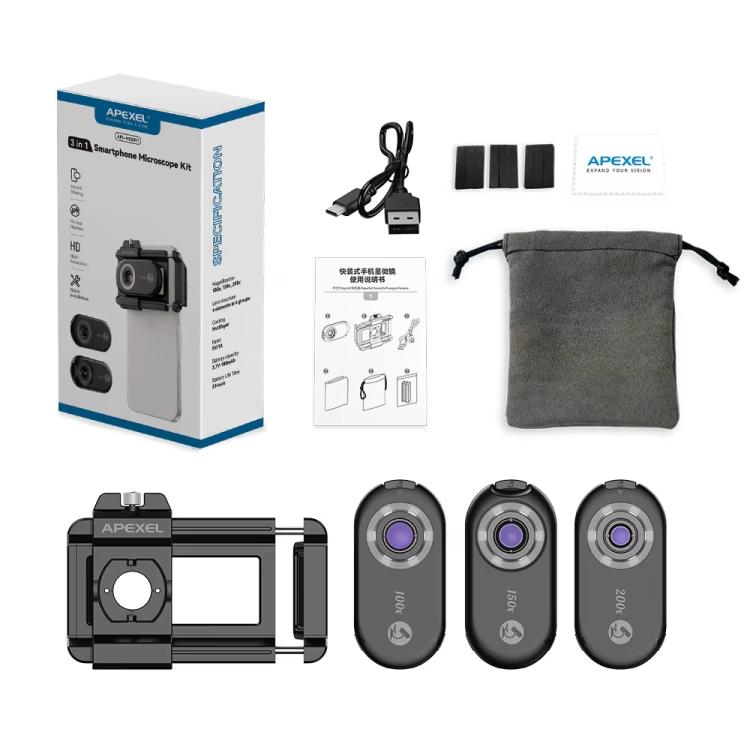 APEXEL APL-MS3IN1 100/150/200X Portable Microscope Cell Phone Lens With LED/ UV Lights Built-in CPL Filter