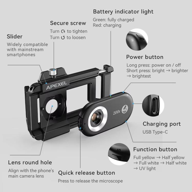APEXEL APL-MS3IN1 100/150/200X Portable Microscope Cell Phone Lens With LED/ UV Lights Built-in CPL Filter