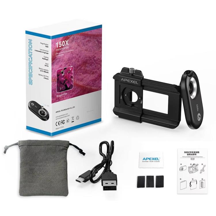 APEXEL APL-MS150 150X Portable Microscope Cell Phone Lens With LED/ UV Lights Built-in CPL Filter