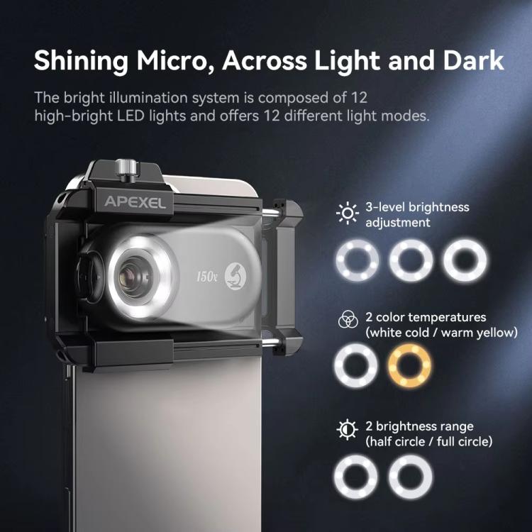 APEXEL APL-MS150 150X Portable Microscope Cell Phone Lens With LED/ UV Lights Built-in CPL Filter