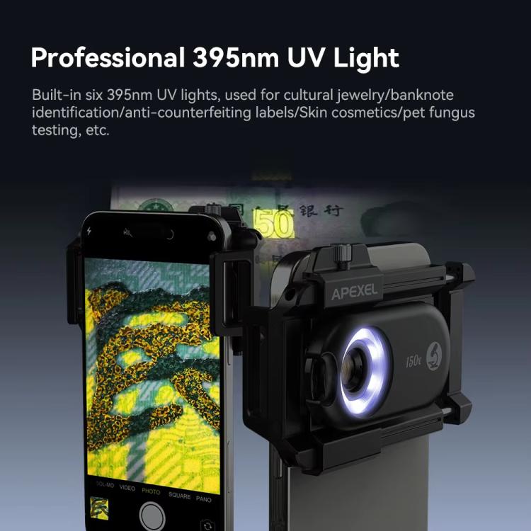 APEXEL APL-MS150 150X Portable Microscope Cell Phone Lens With LED/ UV Lights Built-in CPL Filter