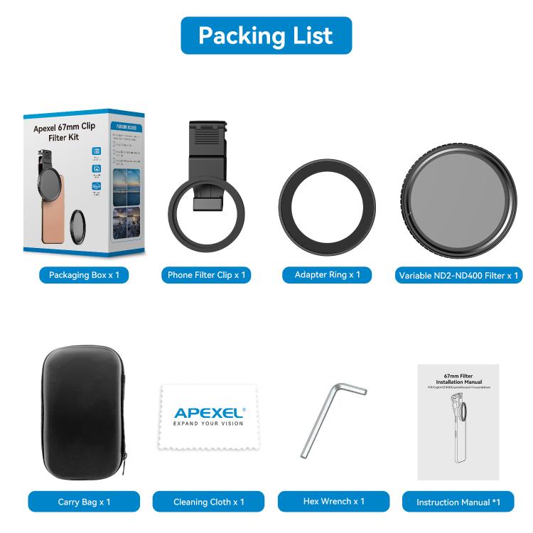 APEXEL APL-67VND400 67mm Cell Phone Photo Filter Adjustable Light Reducing Lens