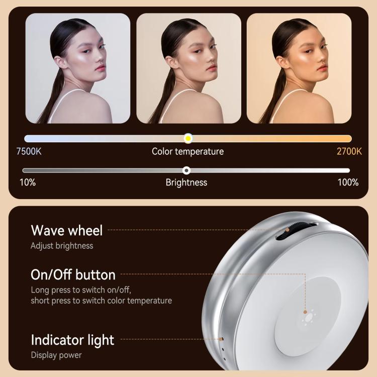 TELESIN S5-BGD-01 Mini Phone Magnetic Beauty Replacement Light Tri-Color Temperature Portable Selfie Mirror Rotating Stretching Pocket Lamp  - Black