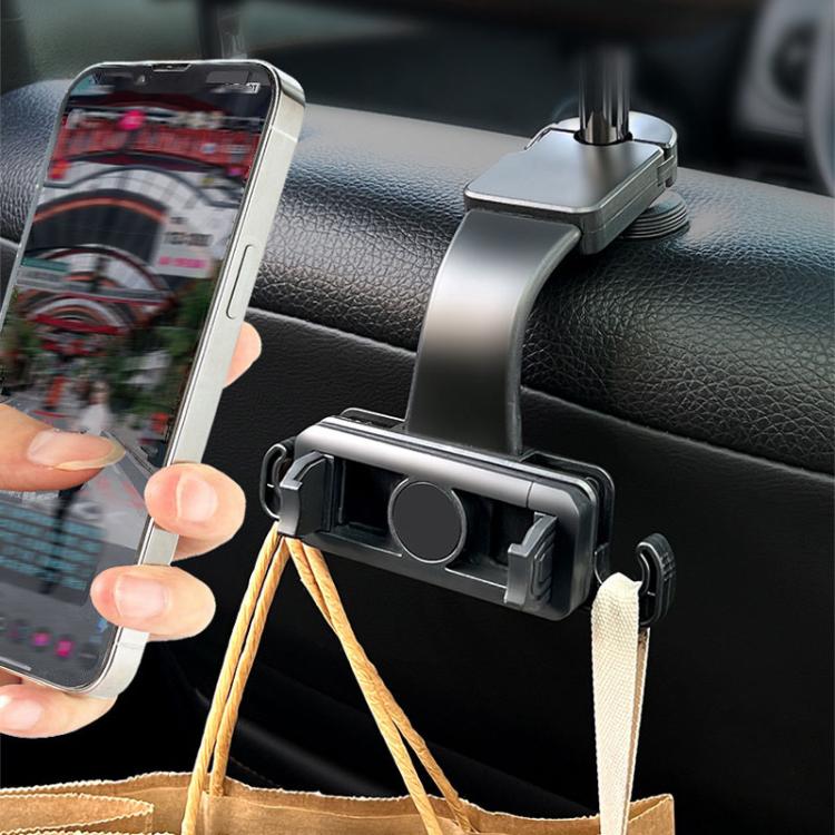 Car Rear Seat Headrest Multifunctional Rotating Telescopic Cell Phone Holder Hooks - Black