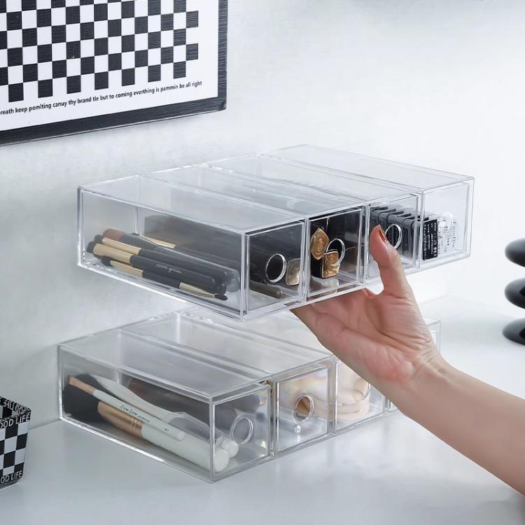 Acrylic Desk Organizer With 4 Drawers Stackable Glasses Display Case Makeup Brush Stationery Storage Box 27x17.5x7.3cm