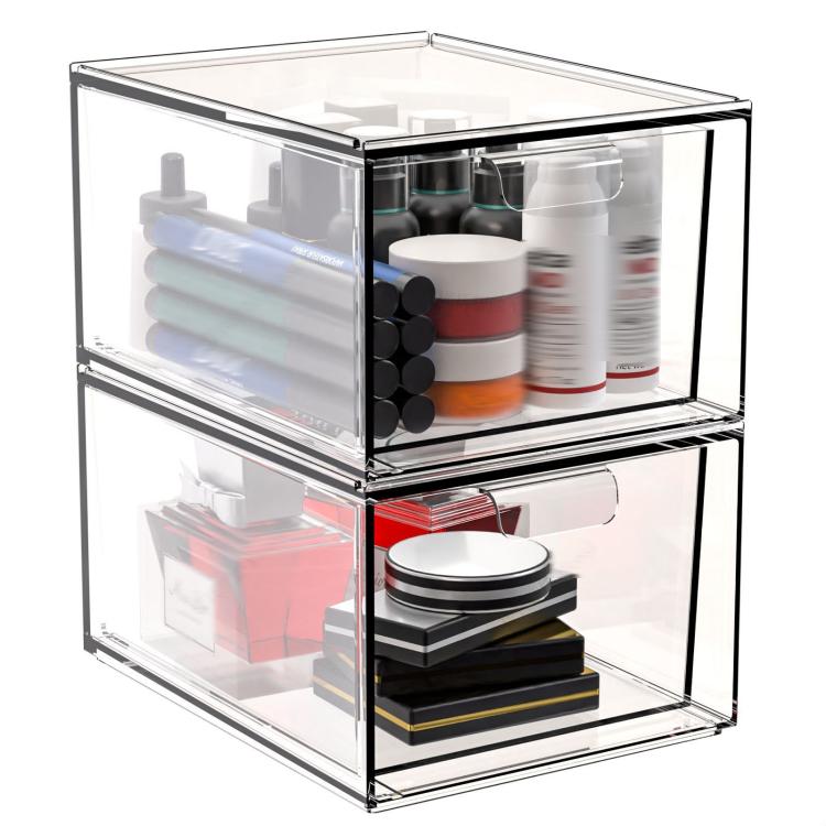 2pcs /Pack Stackable Makeup Drawer Organizer Acrylic Cosmetic Storage Box - Transparent