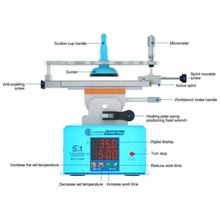 SUNSHINE S-918F Plus 5 In 1 Curved Screen Separator Mobile Phone LCD Screen Repair Separator Heating Platform - EU Plug