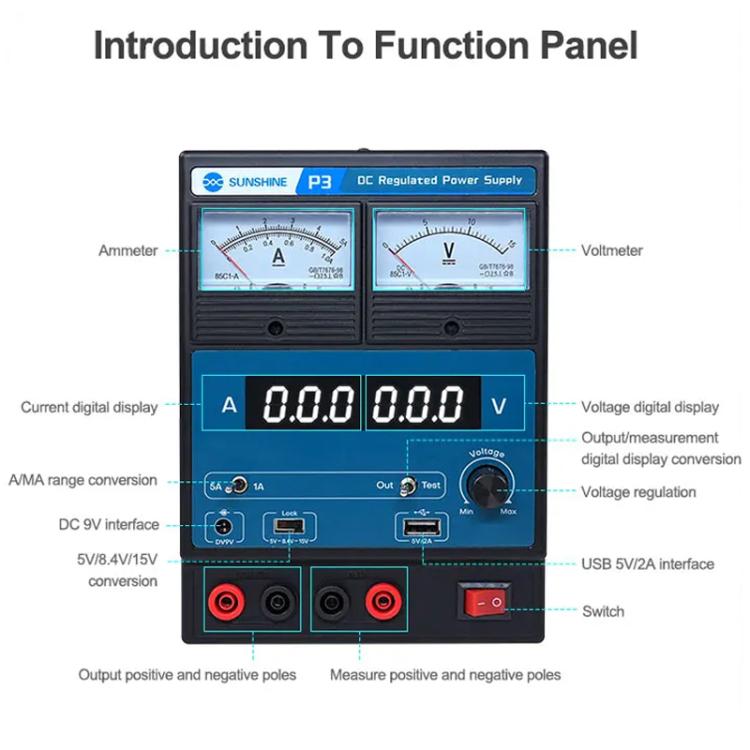 SUNSHINE P3 DC Regulated Power Supply 5V/8.4V/15V Switching Mobile Phone Repair Regulated Power Supply Meter
