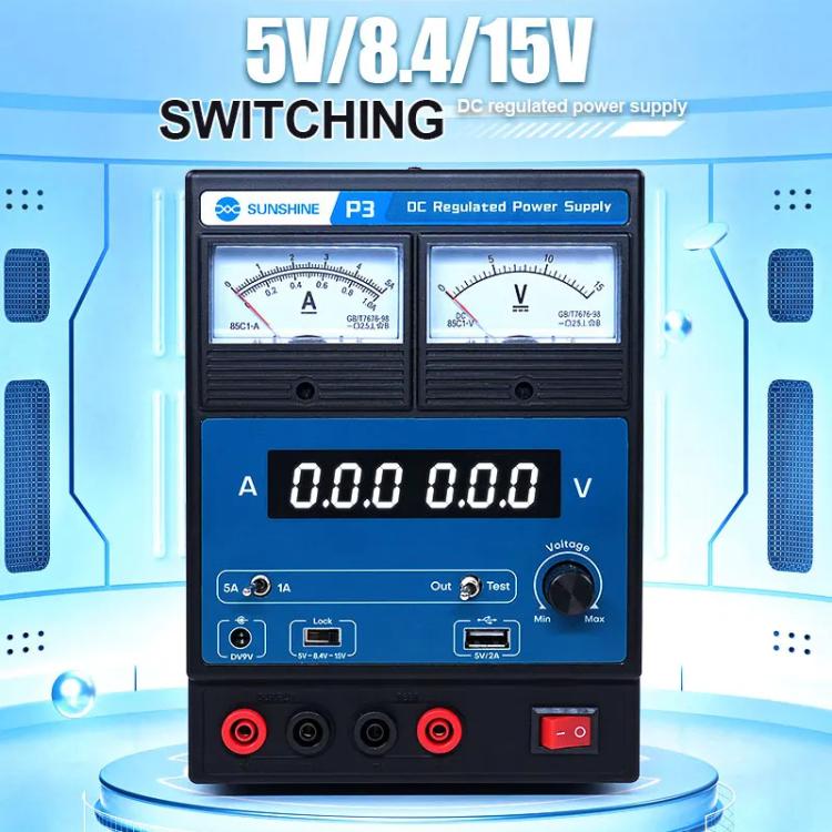 SUNSHINE P3 DC Regulated Power Supply 5V/8.4V/15V Switching Mobile Phone Repair Regulated Power Supply Meter