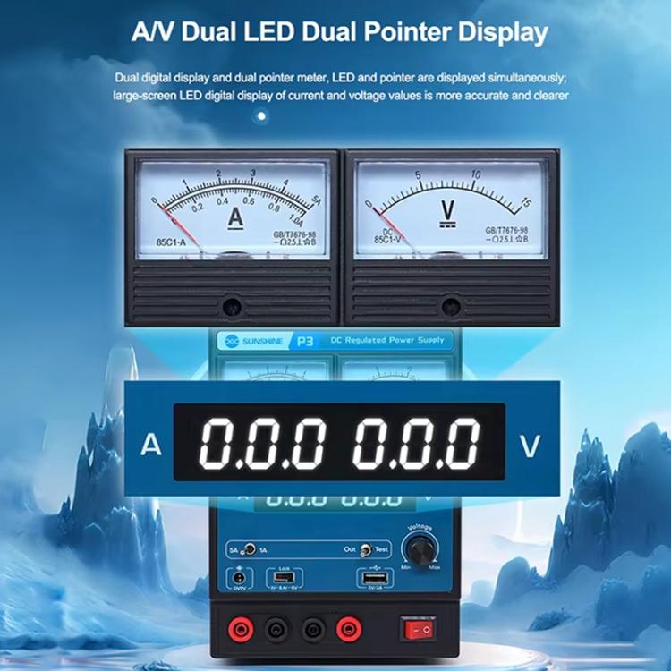 SUNSHINE P3 DC Regulated Power Supply 5V/8.4V/15V Switching Mobile Phone Repair Regulated Power Supply Meter
