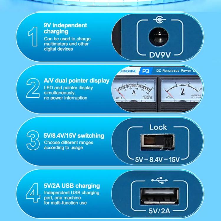 SUNSHINE P3 DC Regulated Power Supply 5V/8.4V/15V Switching Mobile Phone Repair Regulated Power Supply Meter