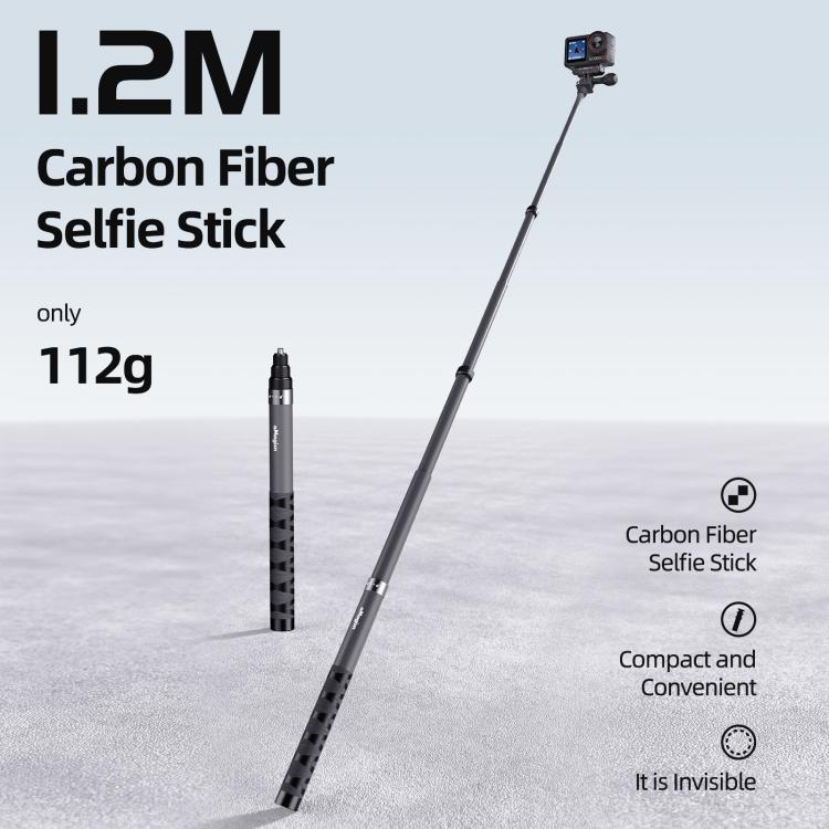aMagisn 1.2m Carbon Fiber Invisible Selfie Stick for Action Camera Phone - Black