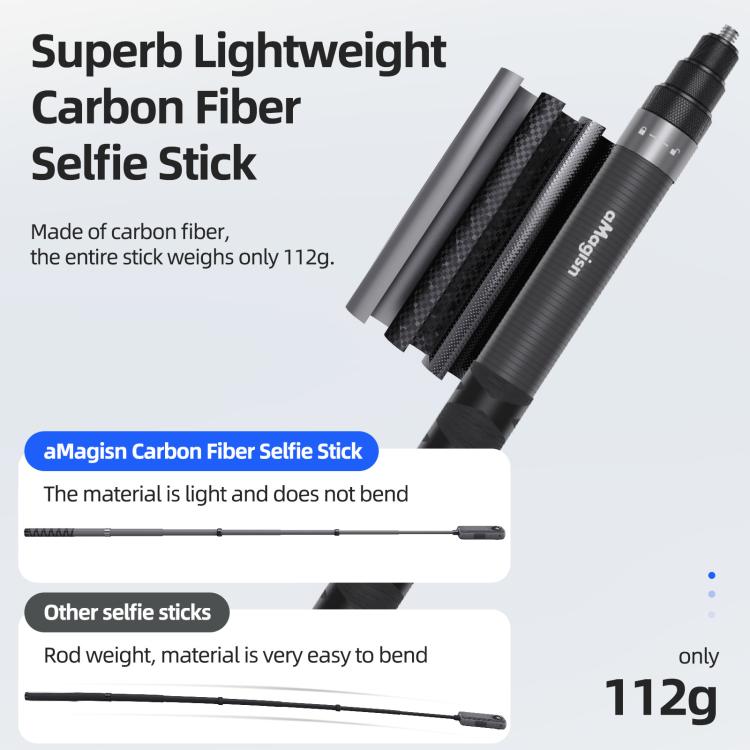 aMagisn 1.2m Carbon Fiber Invisible Selfie Stick for Action Camera Phone - Black