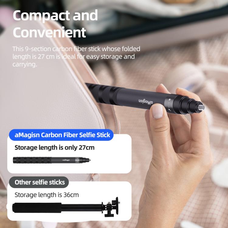 aMagisn 1.2m Carbon Fiber Invisible Selfie Stick for Action Camera Phone - Black