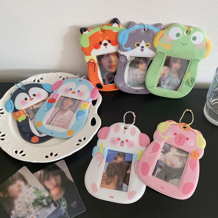 Hisocute Student Cartoon PVC Transparent Card Holder Cute Animal 3-Inch Idol Album Photo Card Case, Style: Pink Bear