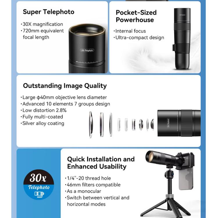 APEXEL 30X 720mm Phone Telephoto Lens with Tripod Kit - Black