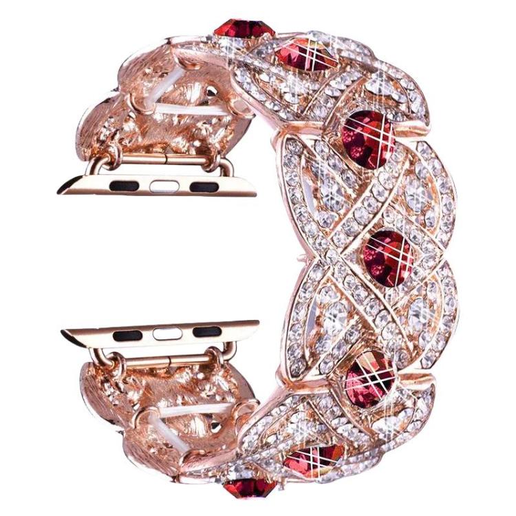 Petaled Metal Diamond Wristband Strap For Apple Watch Series 9 / 8 / 7 / 6 / SE / 5 / 4 / 3, Color: 1202 Rose Gold Red