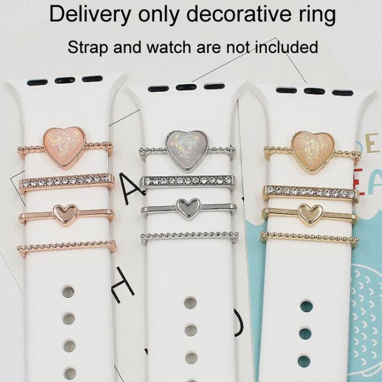 4pcs / Set 21mm Width Smart Watch Silicone Band Heart Decorative Ring Metal Accessories