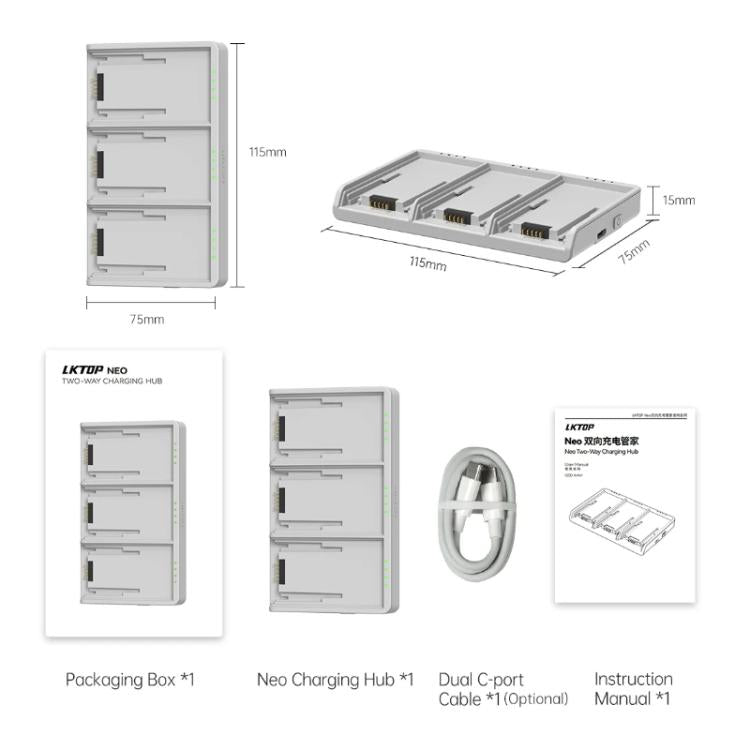 For DJI Neo Battery LKTOP Three-Way Charger 65W Fast Charging Hub - Gray