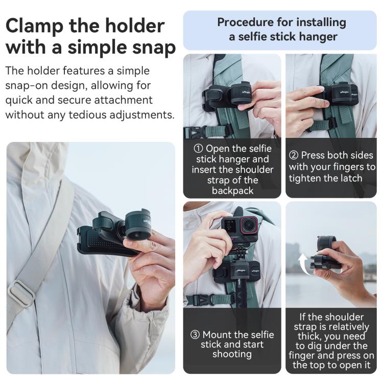 AMagisn Selfie Stick Hanger Action Camera Backpack Quick Attachment for Insta360 / DJI / GoPro - Black