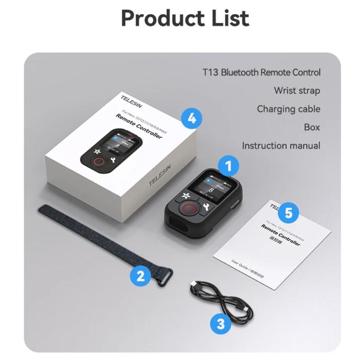 TELESIN T13 60m Sports Camera Wireless Bluetooth Remote Control For GoPro HERO13 Black /12 Black /11 Black /10 Black /9 Black /8 Black /Max - Black