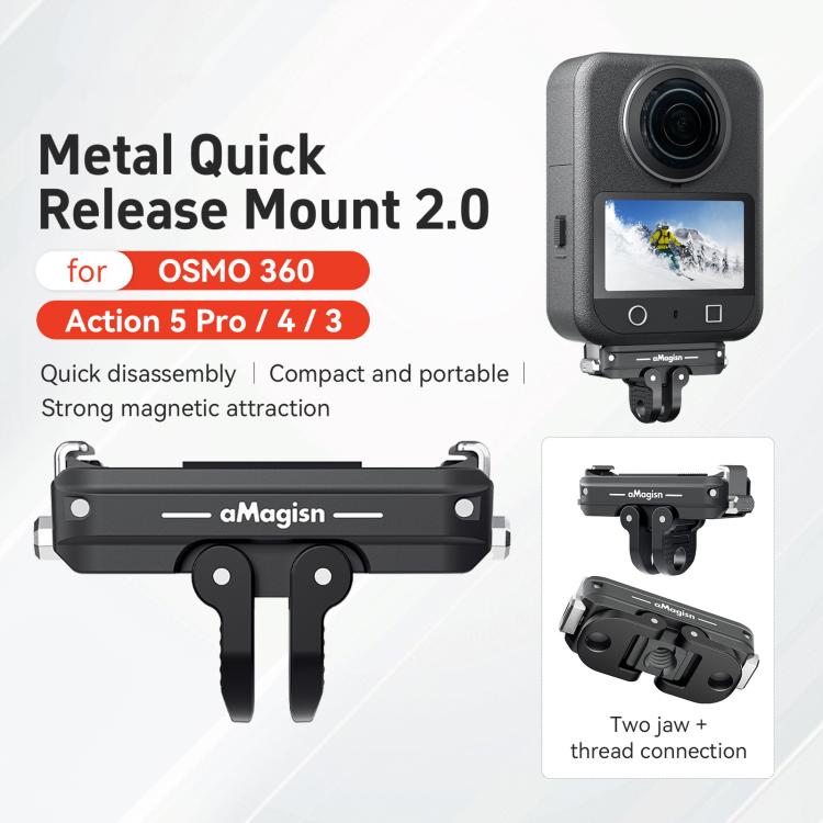 For DJI Osmo 360/Action 5 Pro/4/3 aMagisn Metal Magnetic Quick Release Mount Dual Interface Adapter - Black