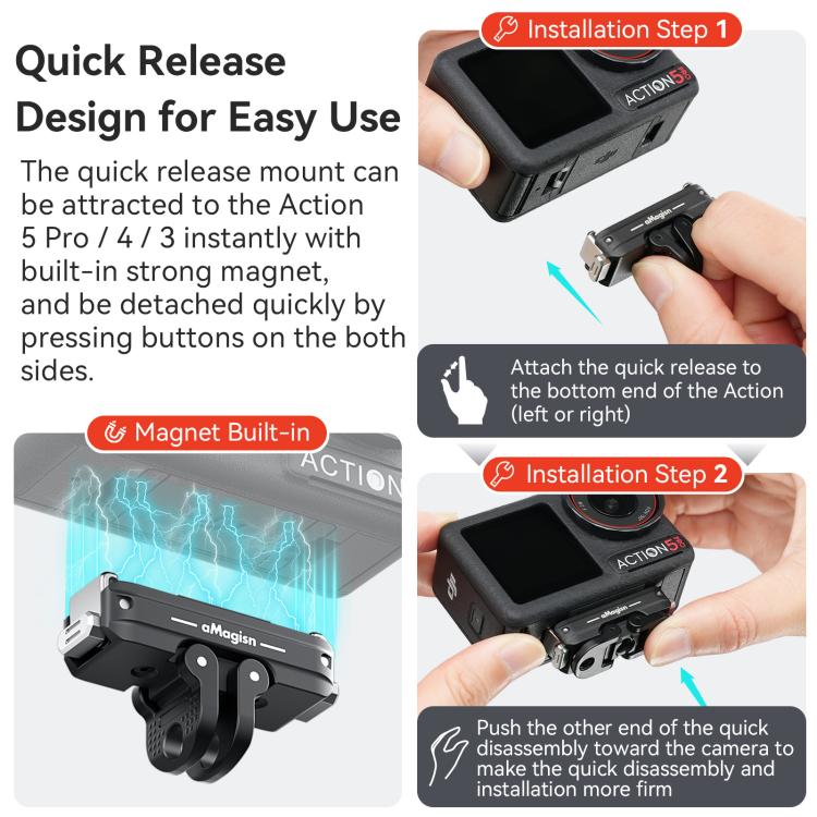 For DJI Osmo 360/Action 5 Pro/4/3 aMagisn Metal Magnetic Quick Release Mount Dual Interface Adapter - Black