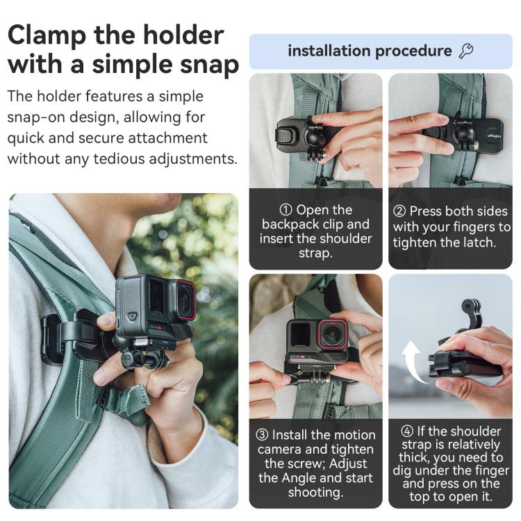 aMagisn 360-degree Rotation Ball Head Backpack Clip for Camera & Smartphone - Black