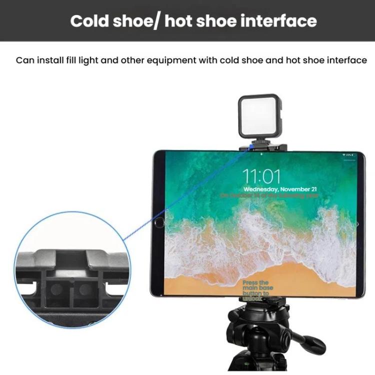 YUNTENG VCT-320 Adjustable Hot Shoe Tablet & Phone Mount Clamp Holder with Dual 1/4 Inch Screw Holes for 5.1-9.9 Inch Devices - Black