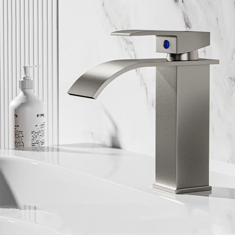 Waterfall Wash Basin Faucet Stainless Steel Hot/Cold Water Mixer Tap for Sink Basin, Spec: Low Steel Grey