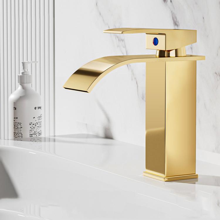 Waterfall Wash Basin Faucet Stainless Steel Hot/Cold Water Mixer Tap for Sink Basin, Spec: Low Rose Gold