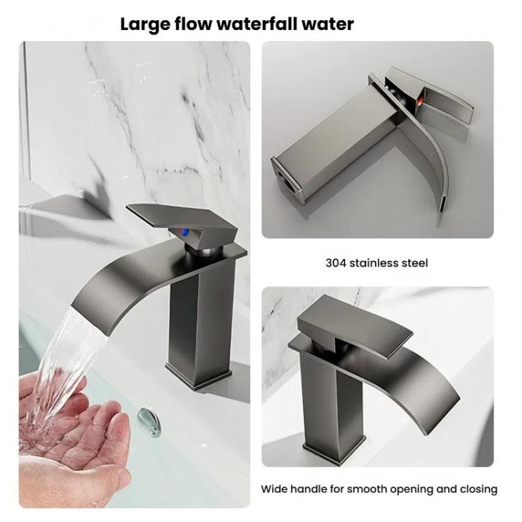 Waterfall Wash Basin Faucet Stainless Steel Hot/Cold Water Mixer Tap for Sink Basin, Spec: Low Steel Grey