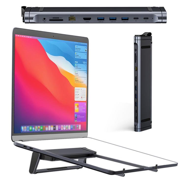 9 In 1 Hub Computer Stand Aluminum Alloy Folding PD Fast Charging With LAN Docking Station Laptop Bracket - Dark Metallic Color