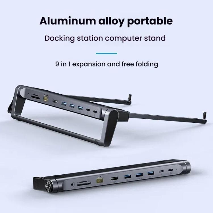 9 In 1 Hub Computer Stand Aluminum Alloy Folding PD Fast Charging With LAN Docking Station Laptop Bracket - Dark Metallic Color