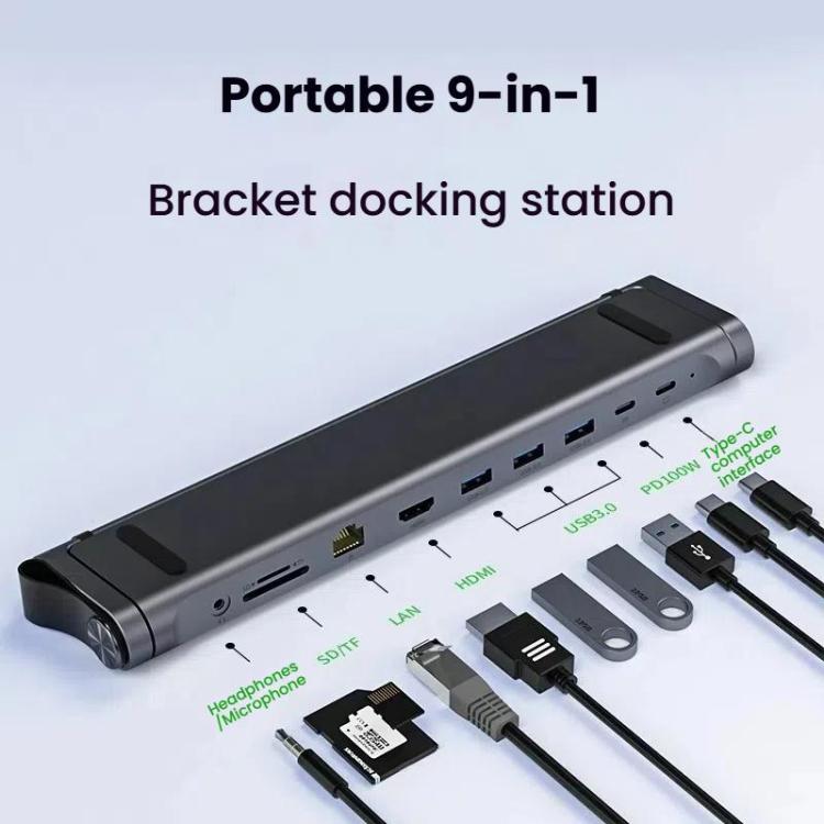 9 In 1 Hub Computer Stand Aluminum Alloy Folding PD Fast Charging With LAN Docking Station Laptop Bracket - Dark Metallic Color