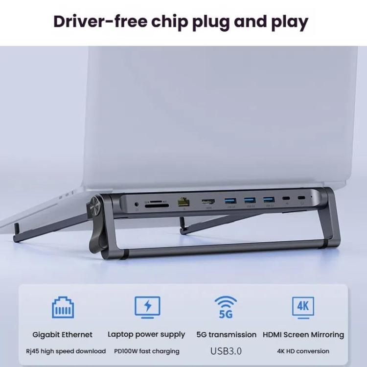 9 In 1 Hub Computer Stand Aluminum Alloy Folding PD Fast Charging With LAN Docking Station Laptop Bracket - Dark Metallic Color