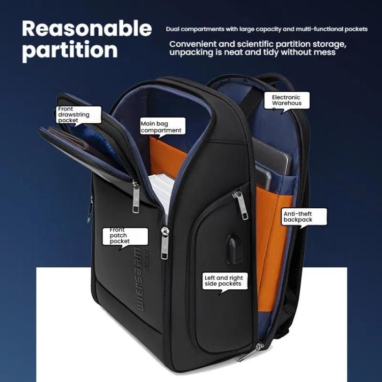 Wiersaam Men Waterproof Anti-Theft Business Backpack Travel Laptop Bag With USB Charging Port & Password Lock Middle