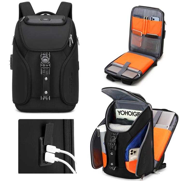 Wiersaam WY68173 Men Waterproof Anti-Theft Business Backpack With Lock & USB Ports - Black