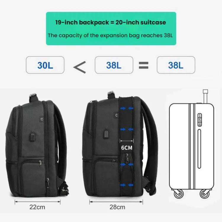 Tigernu 19-inch Expandable Men Anti-Theft Laptop Backpack with USB Charging Port, Headphone Hole & Comfort Shoulder Straps for Travel, Work Commute - Black