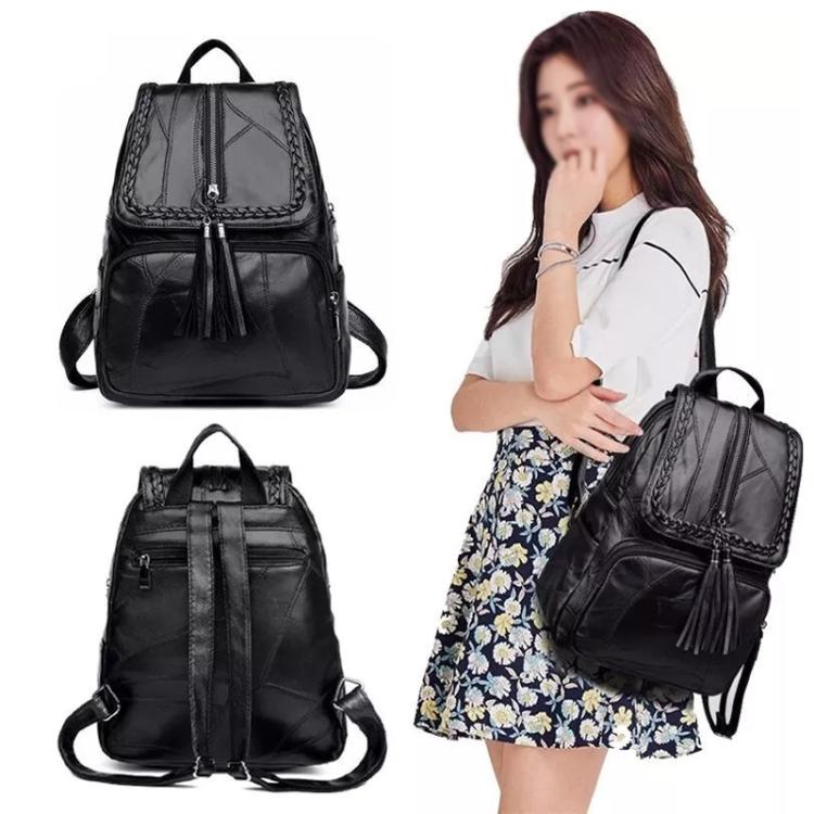 Casual Women Shoulder Bag PU Leather Simple Versatile Trend Female Backpack Student Travel Schoolbag - Black