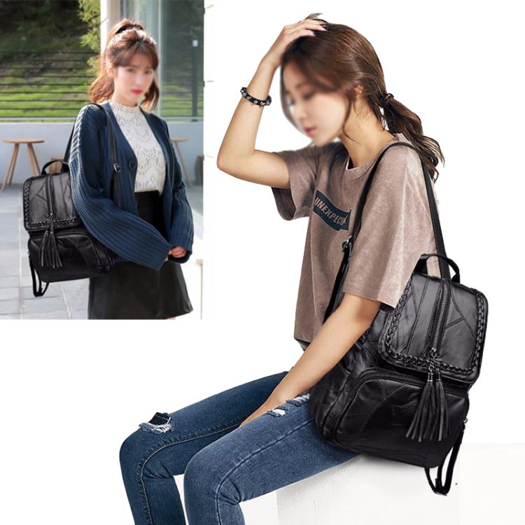 Casual Women Shoulder Bag PU Leather Simple Versatile Trend Female Backpack Student Travel Schoolbag - Black