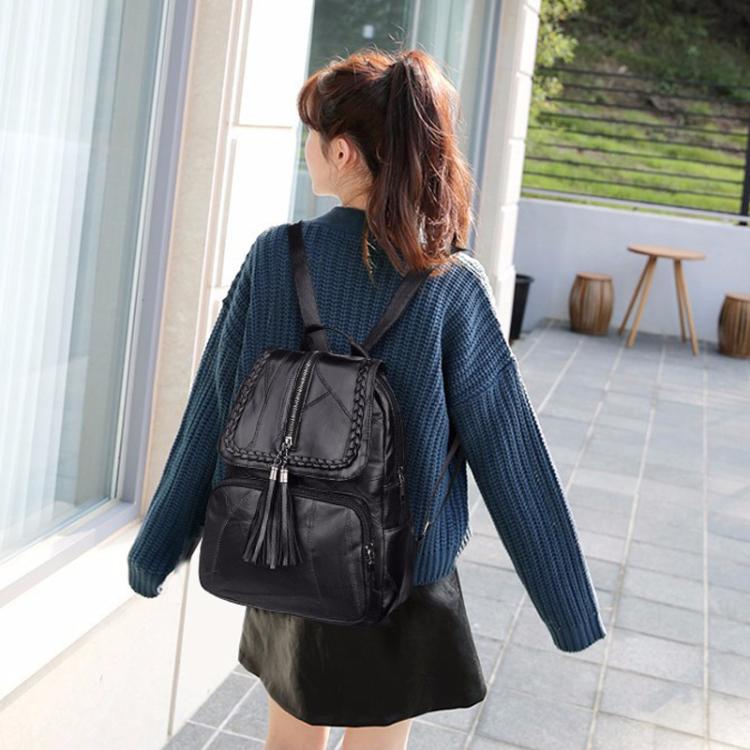 Casual Women Shoulder Bag PU Leather Simple Versatile Trend Female Backpack Student Travel Schoolbag - Black