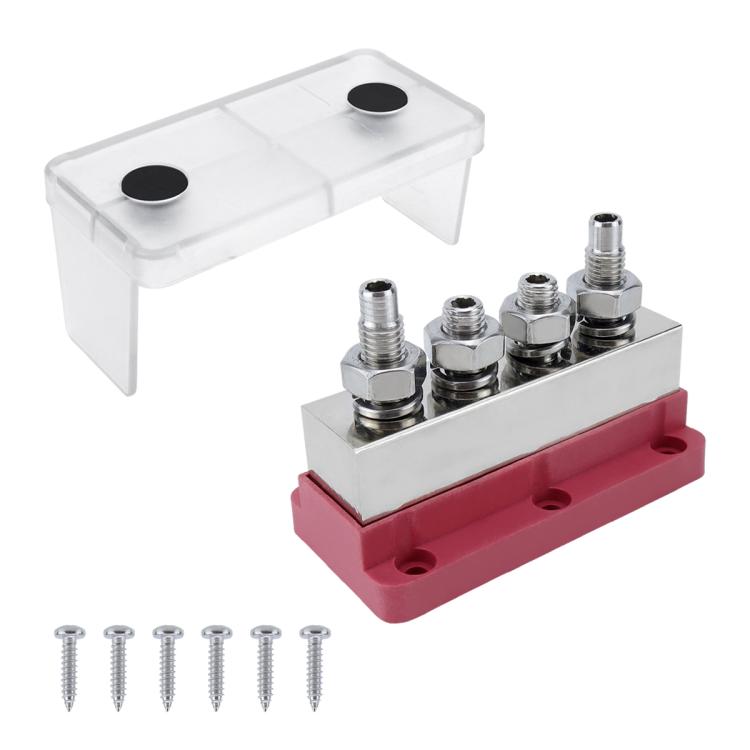 600A RV Yacht Copper Bolt 4 Stud Heavy Duty Busbar Terminal, Color: Red+Black