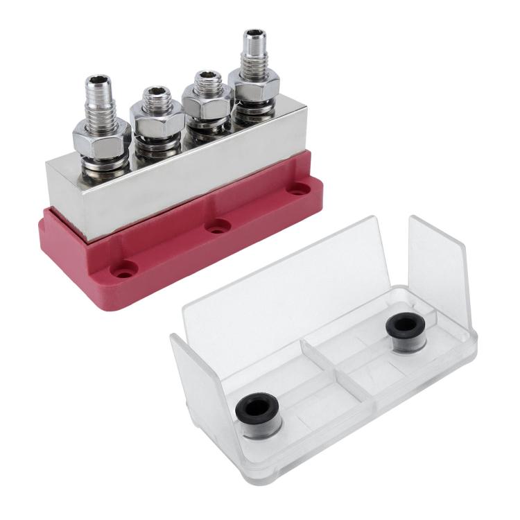 600A RV Yacht Copper Bolt 4 Stud Heavy Duty Busbar Terminal, Color: Red+Black